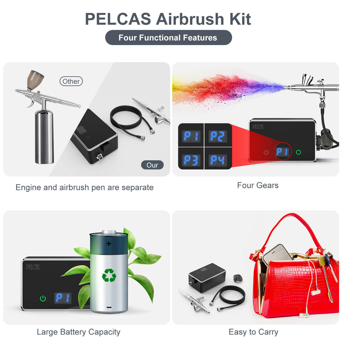 PELCAS Cordless Airbrush Kit with LCD Display Dual-action 36PSI Airbru