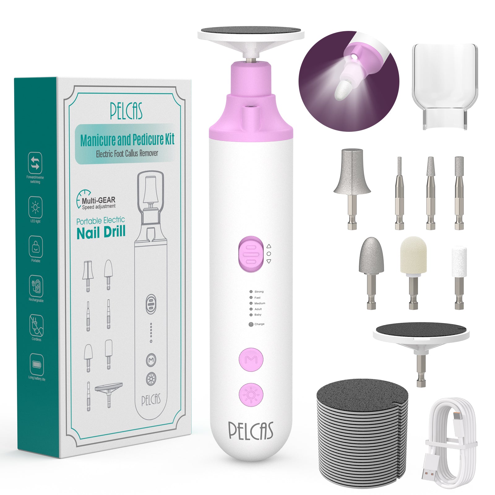 PELCAS 8 in 1 Cordless Electric Nail Drill Kit 5 Speeds Rechargeable Nail File for Acrylic Nails, Gel Polish Removal & Thick Toenails