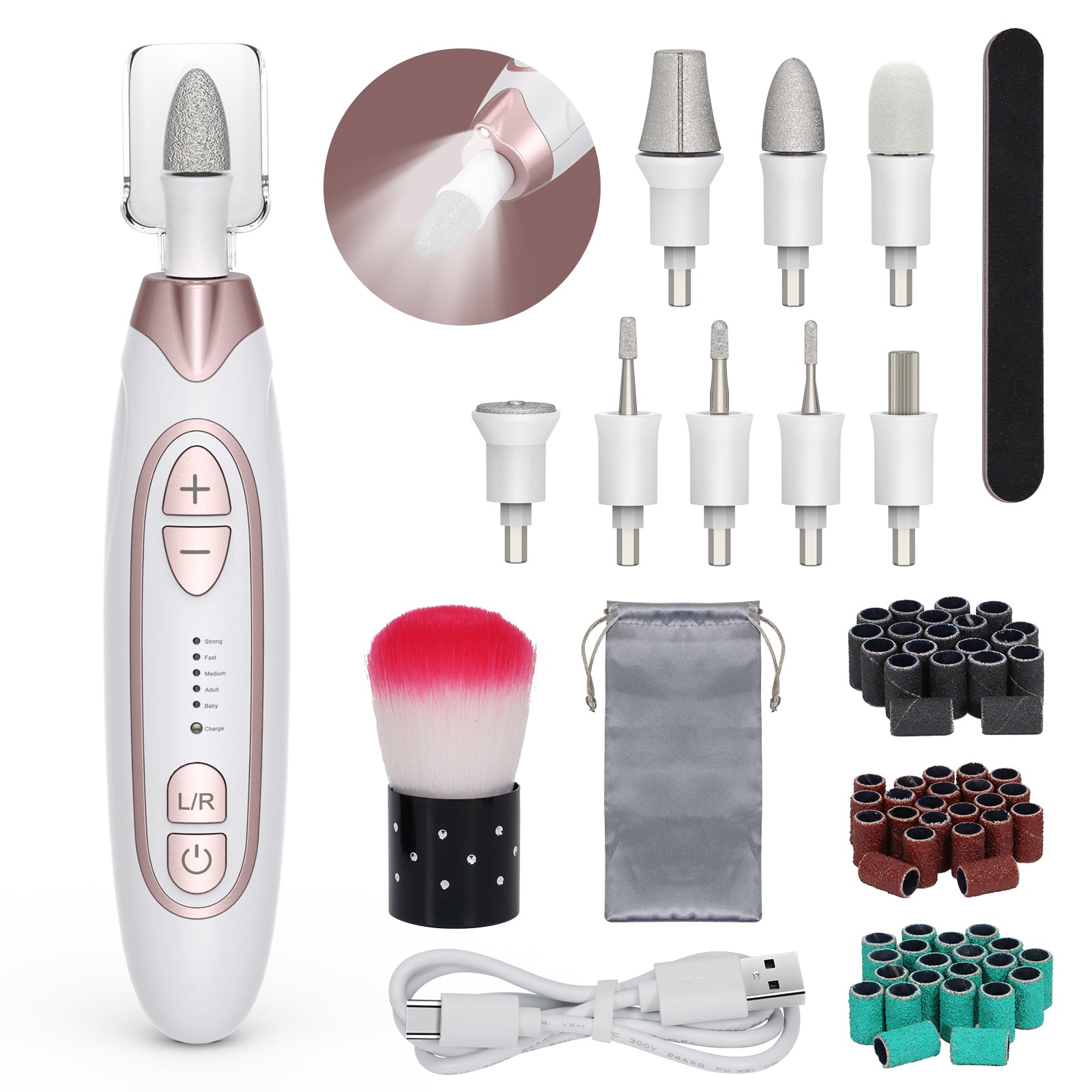 PELCAS Cordless Electric Nail Drill Kit - 5-Speed Professional Manicure & Pedicure Device for Thick Nails with LED Light, 8 Bits & 60 Sanding Bands