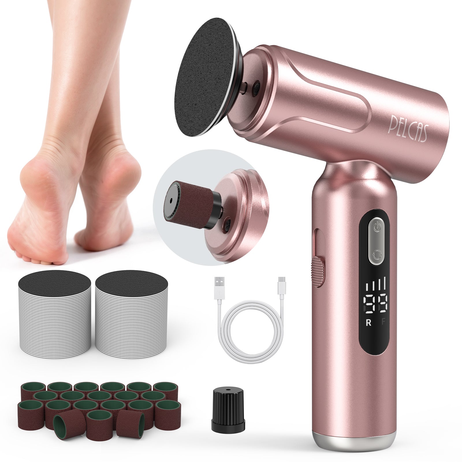 PELCAS Electric Foot File & Callus Remover | 2-in-1 Cordless Pedicure Tool for Calluses & Thick Toenails