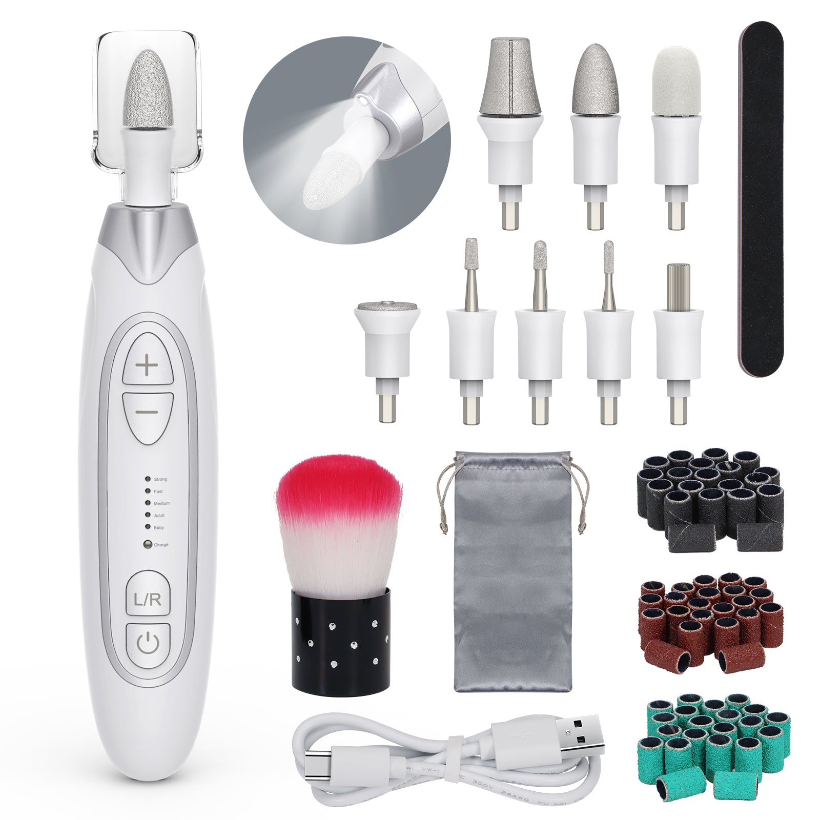 PELCAS Cordless Electric Nail Drill Kit - 5-Speed Professional Manicure & Pedicure Device for Thick Nails with LED Light, 8 Bits & 60 Sanding Bands