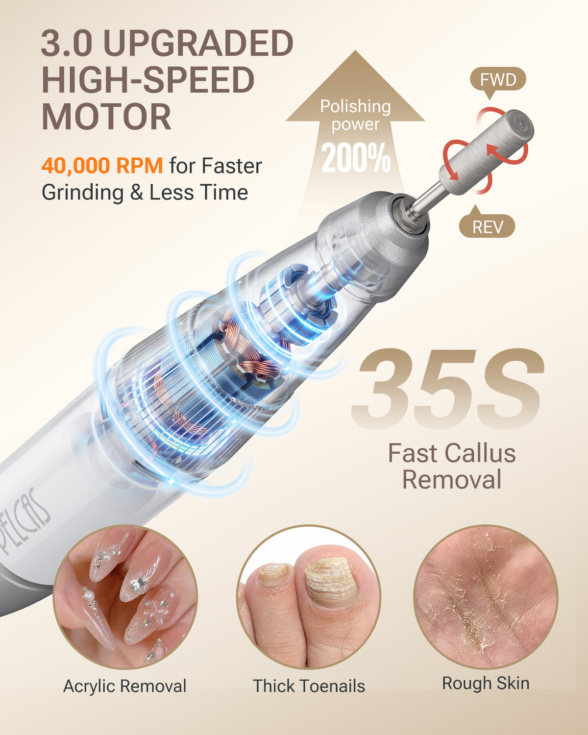 PELCAS 40,000 RPM Cordless Electric Nail Drill Powerful Motor