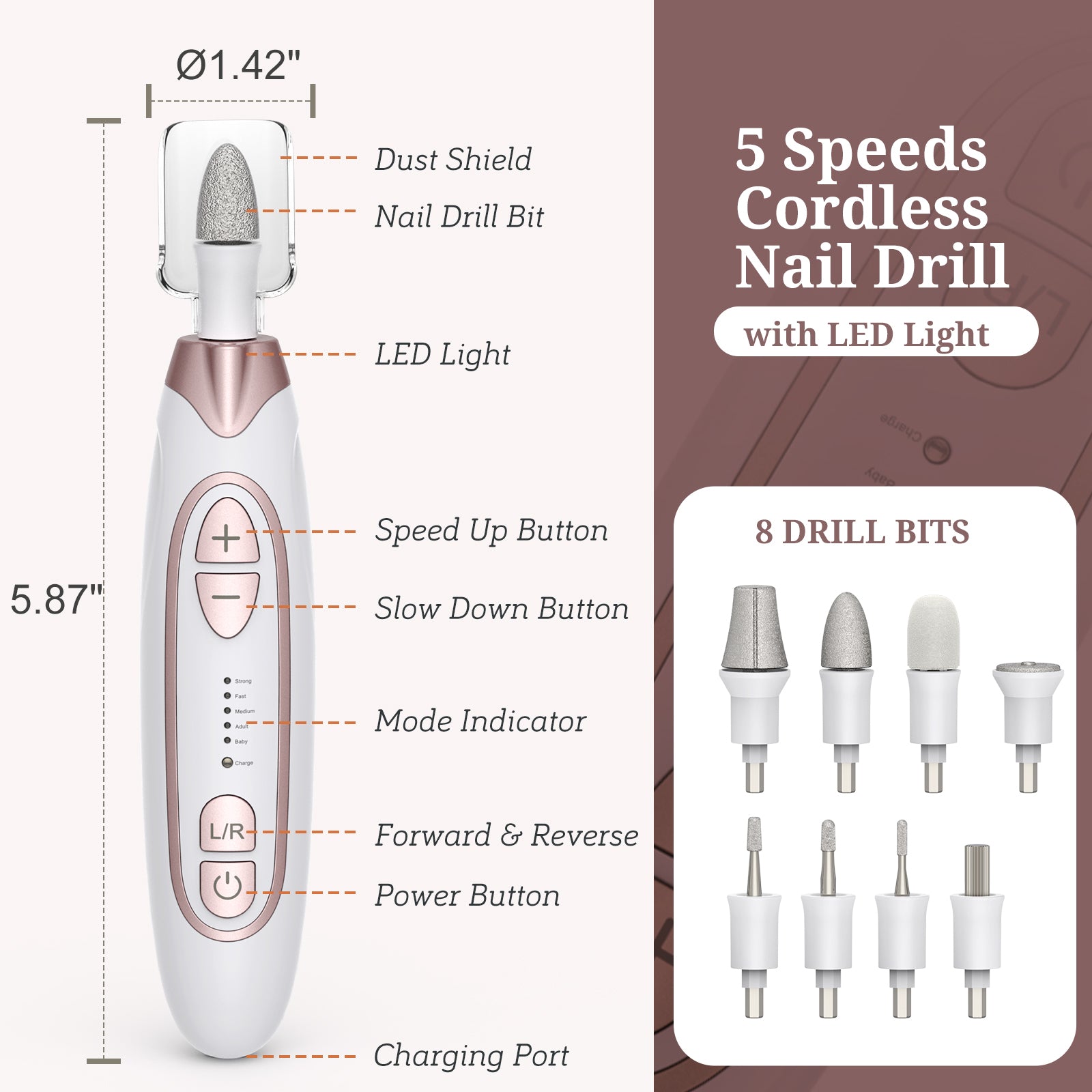 PELCAS Cordless Electric Nail Drill Kit - 5-Speed Professional Manicure & Pedicure Device for Thick Nails with LED Light, 8 Bits & 60 Sanding Bands