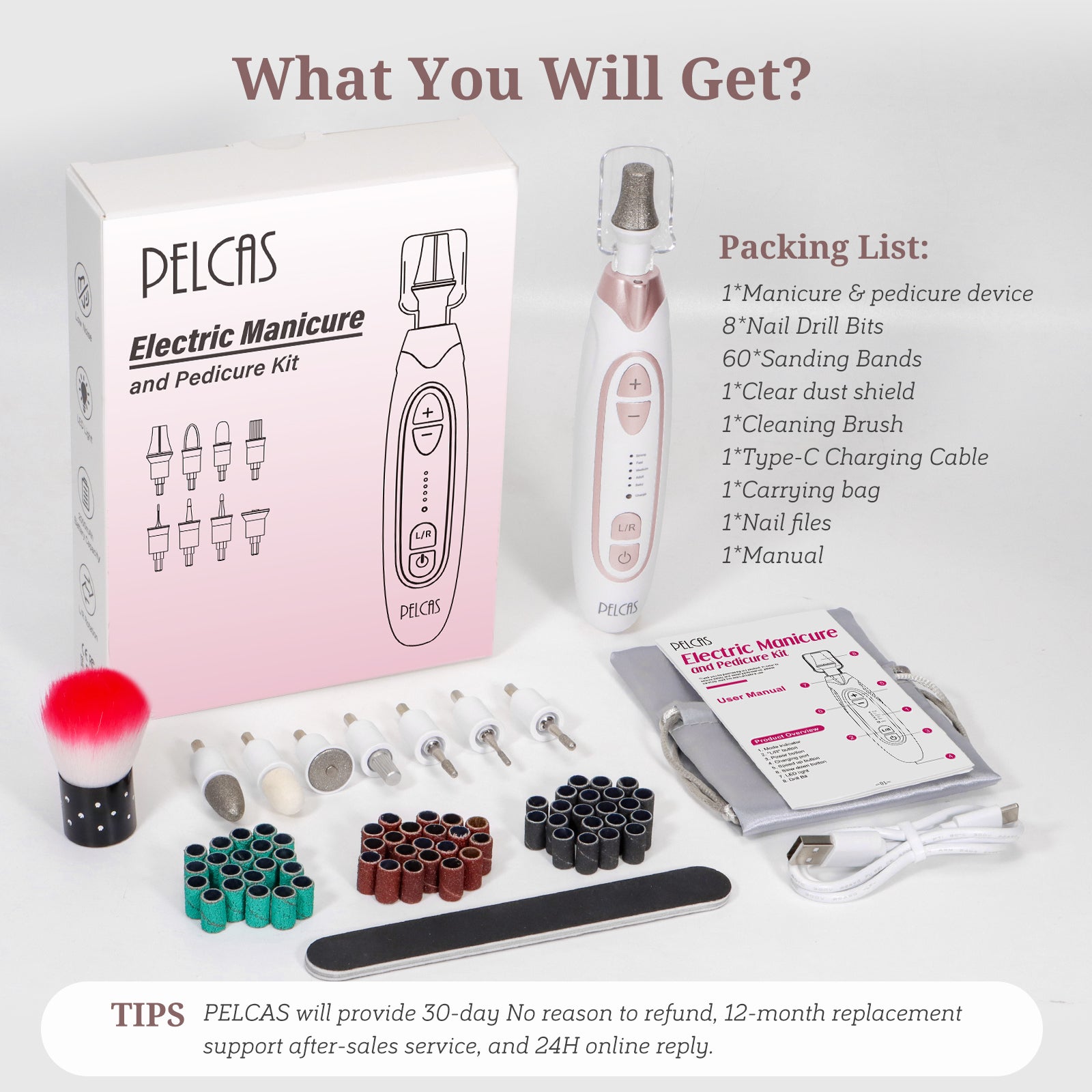 PELCAS Cordless Electric Nail Drill Kit - 5-Speed Professional Manicure & Pedicure Device for Thick Nails with LED Light, 8 Bits & 60 Sanding Bands