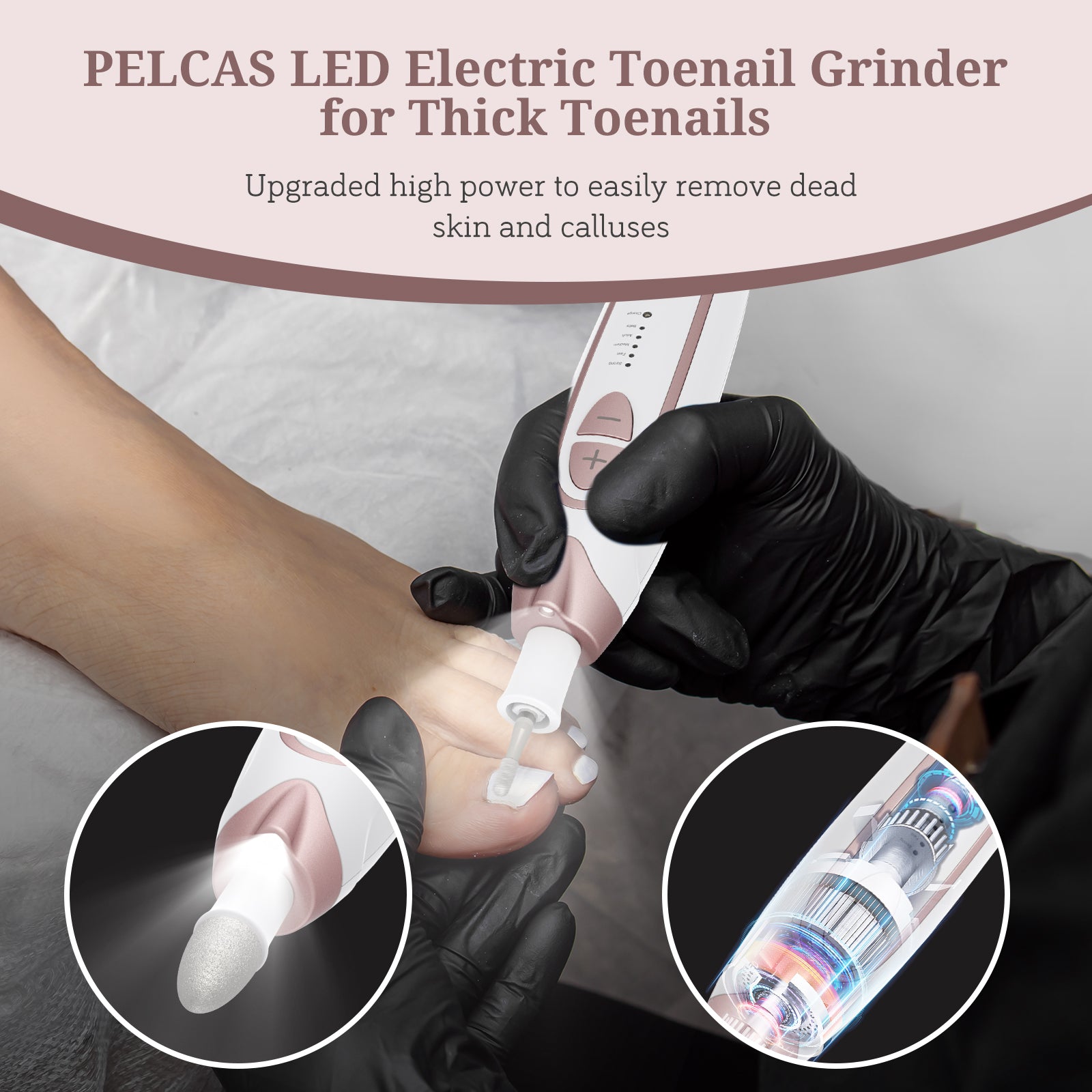 PELCAS Cordless Electric Nail Drill Kit - 5-Speed Professional Manicure & Pedicure Device for Thick Nails with LED Light, 8 Bits & 60 Sanding Bands