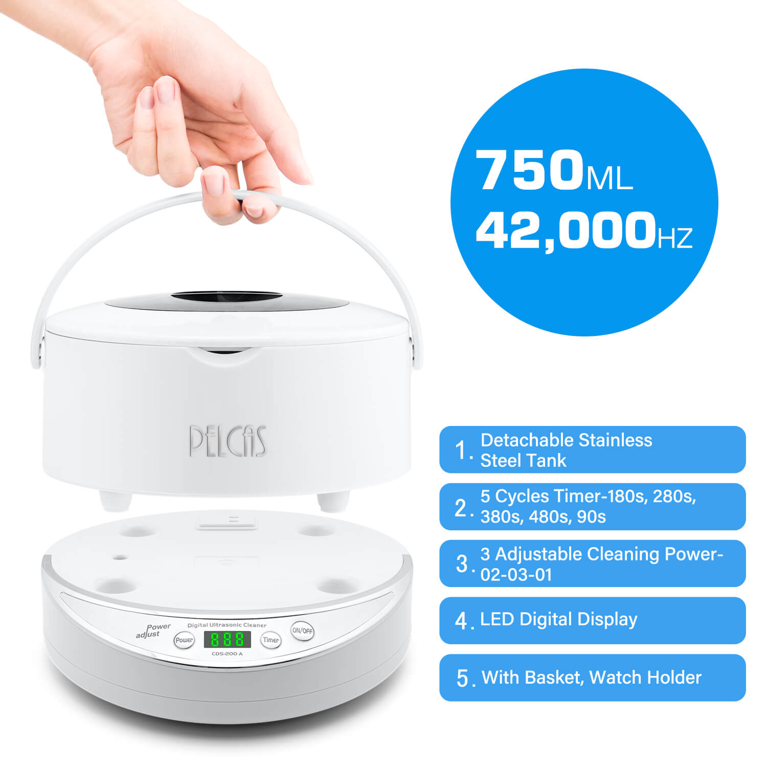 PELCAS CDS-200A Professional Ultrasonic Jewellery Cleaner 750ML with Detachable Tank