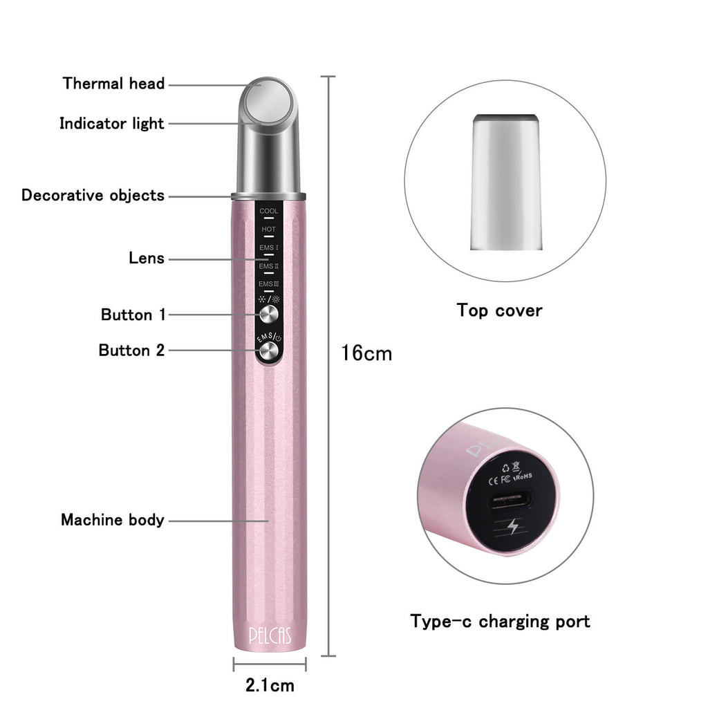 PELCAS Anti-aging Galvanic Eye Massager Wand with 42°C Heated / Cooling / EMS Mode